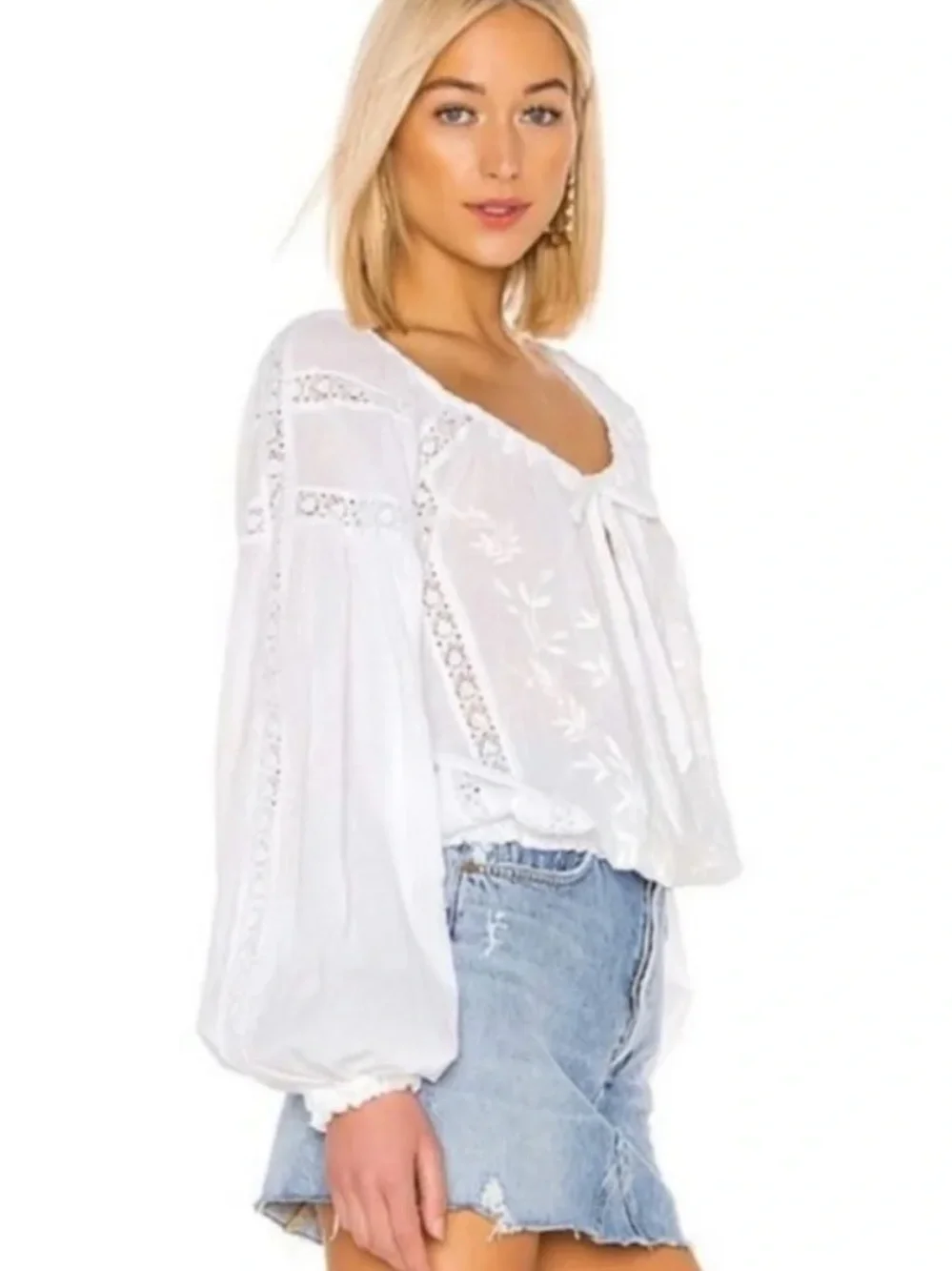 Free People Maria Maria Embroidered Lace Long Sleeve Blouse Large White Boho